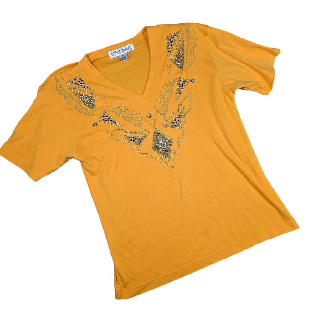 Vintage Victoria Harbour T-Shirt Yellow Leopard‎ Embellished Medium Kitschy 90s